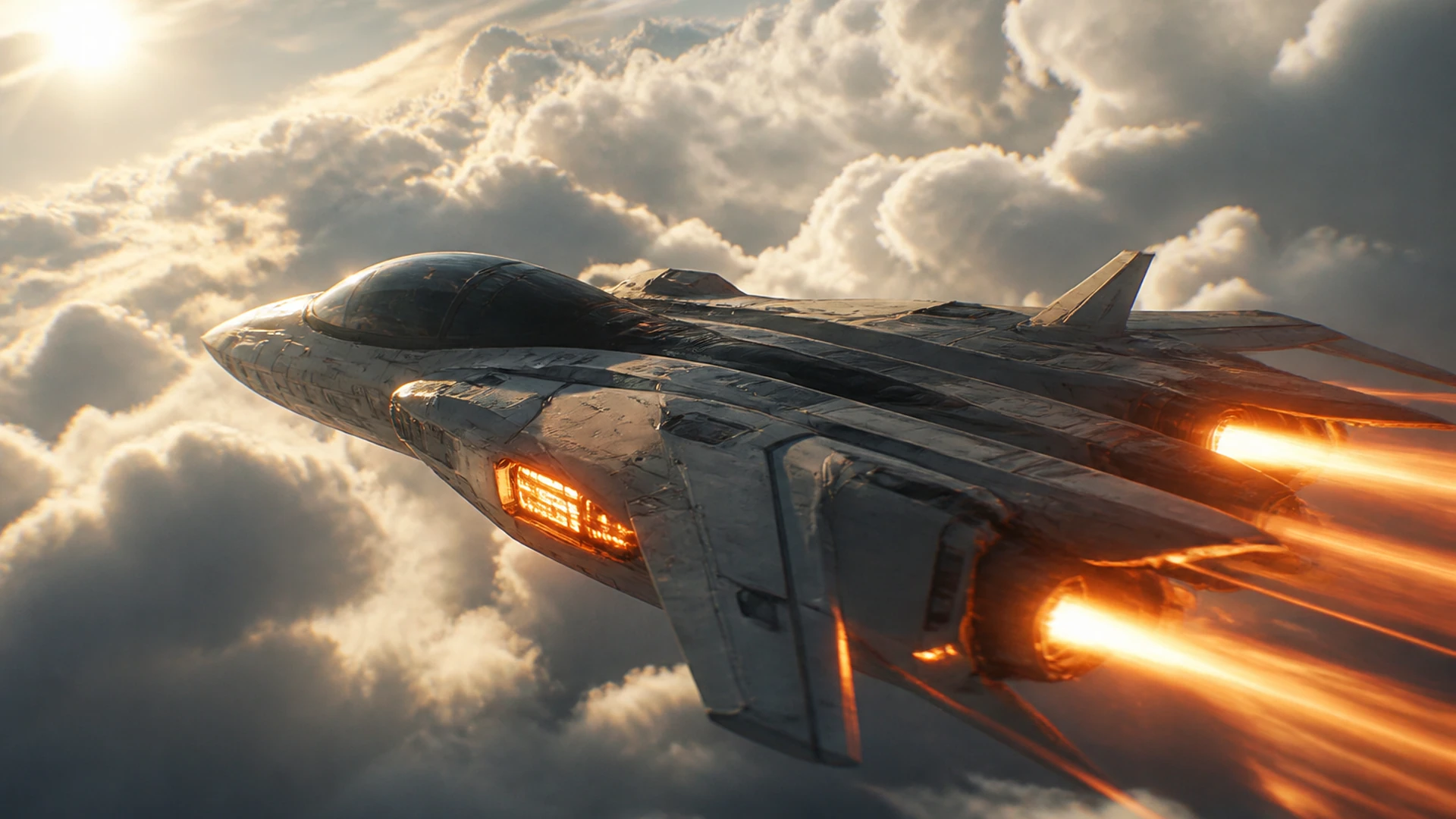 Cinematic fighter jet flying through sunlit clouds
