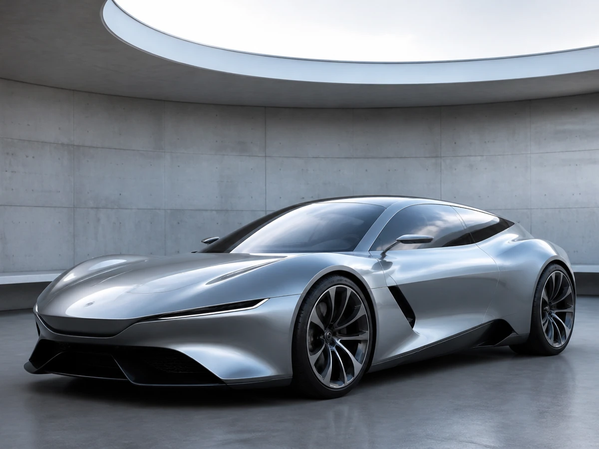 Silver concept car in a concrete atrium