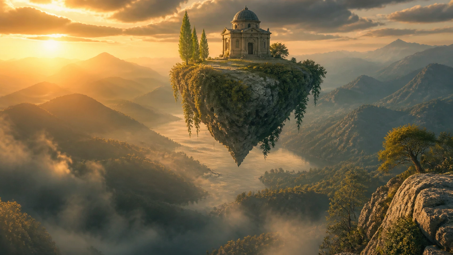 Floating island temple at golden hour