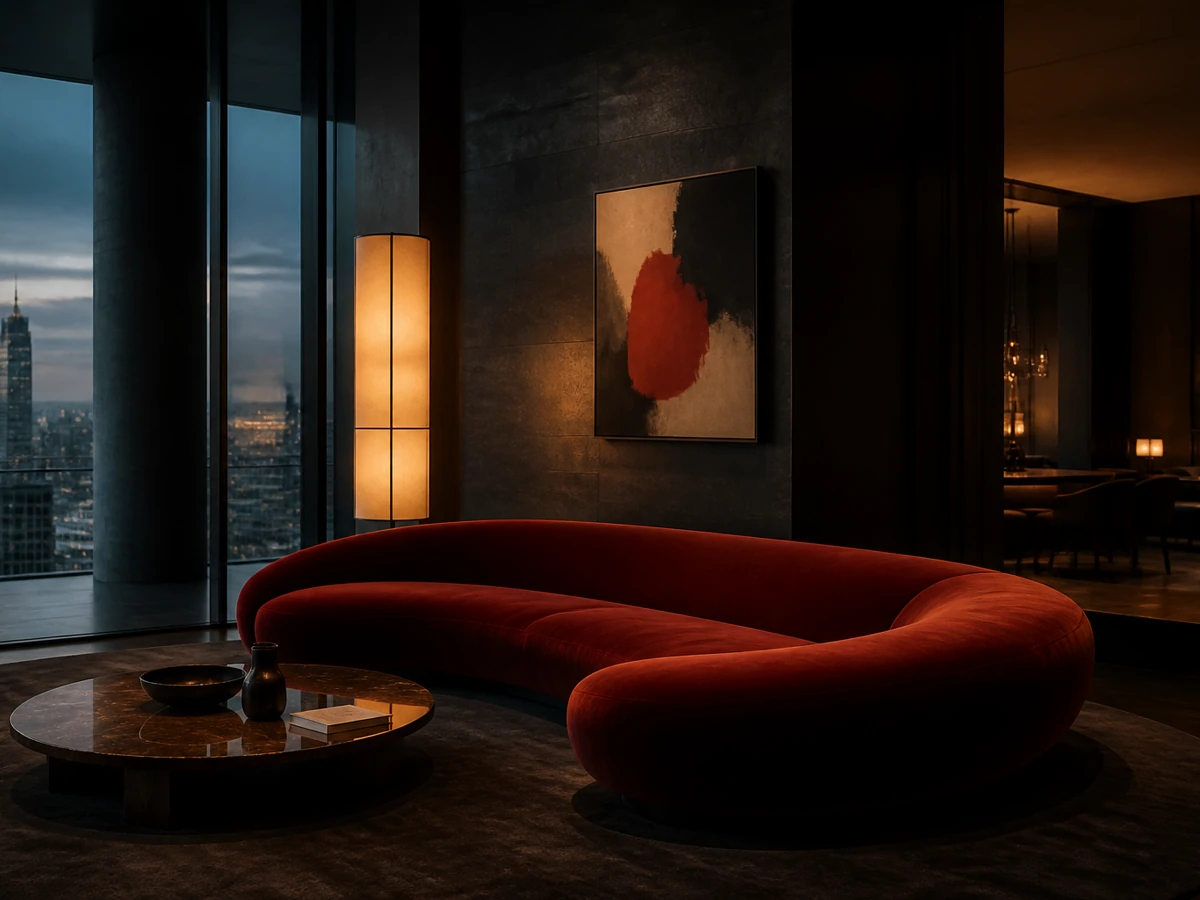 Moody penthouse living room with a red velvet sofa