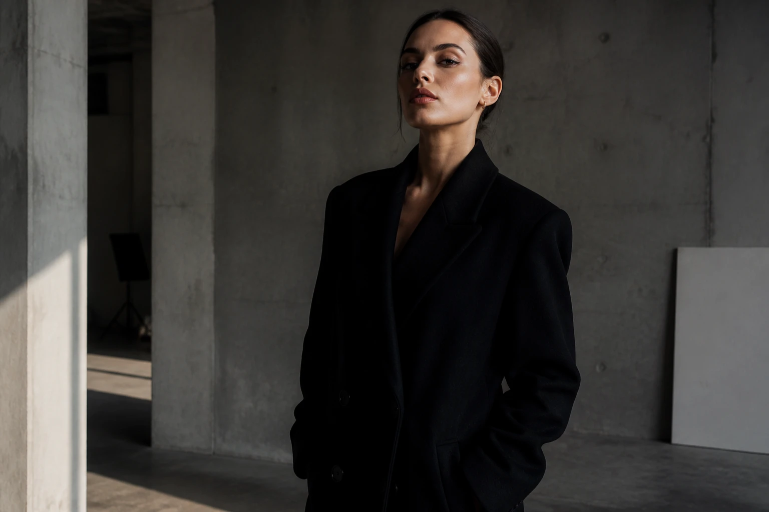 Industrial black-blazer fashion move between two stills